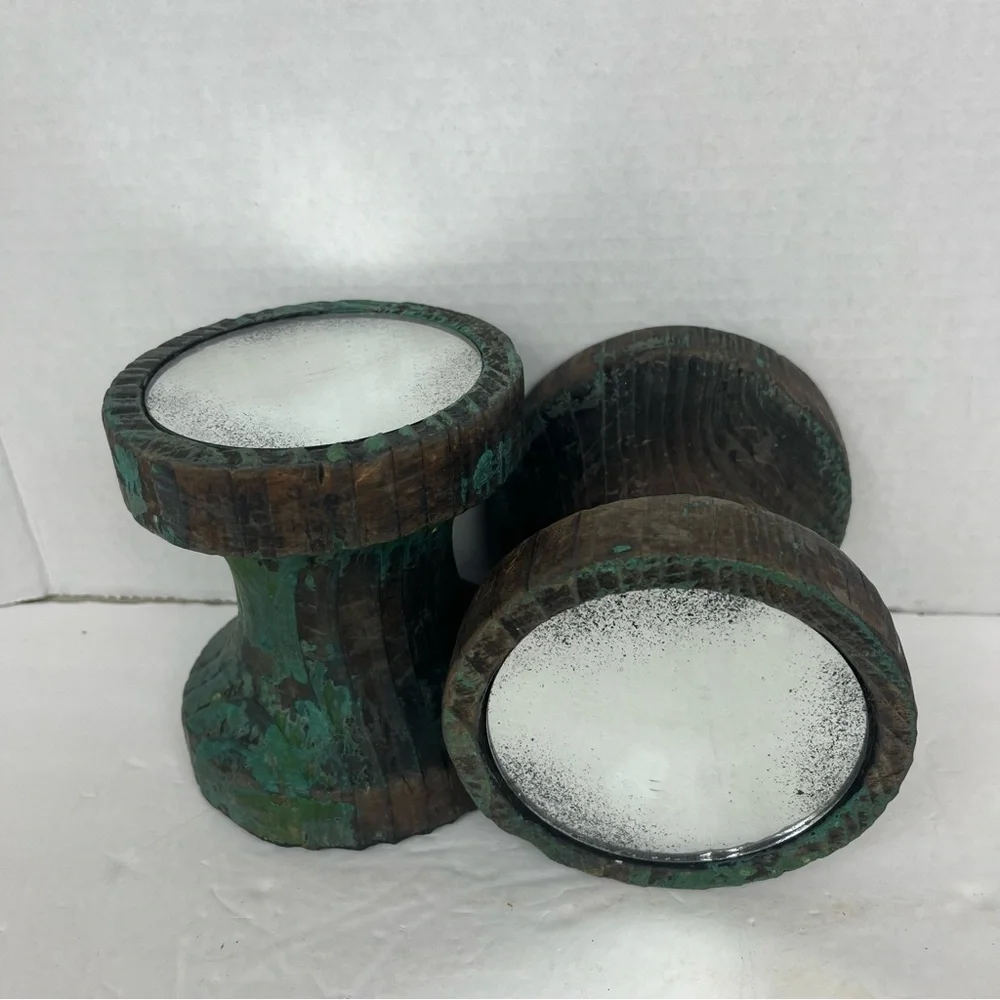 Unique wood peg/hooks pair(2) with mirror front in rustic chippy green